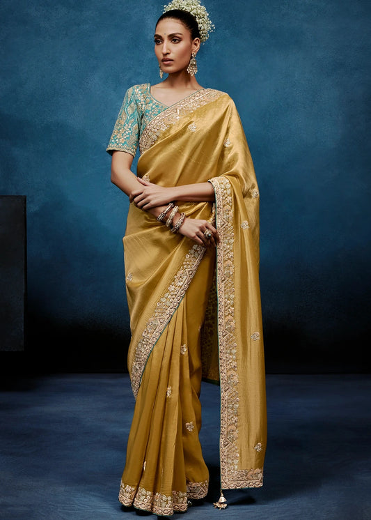 Designer Gold Organza Tissue Silk Embroidered Saree With Blue Blouse