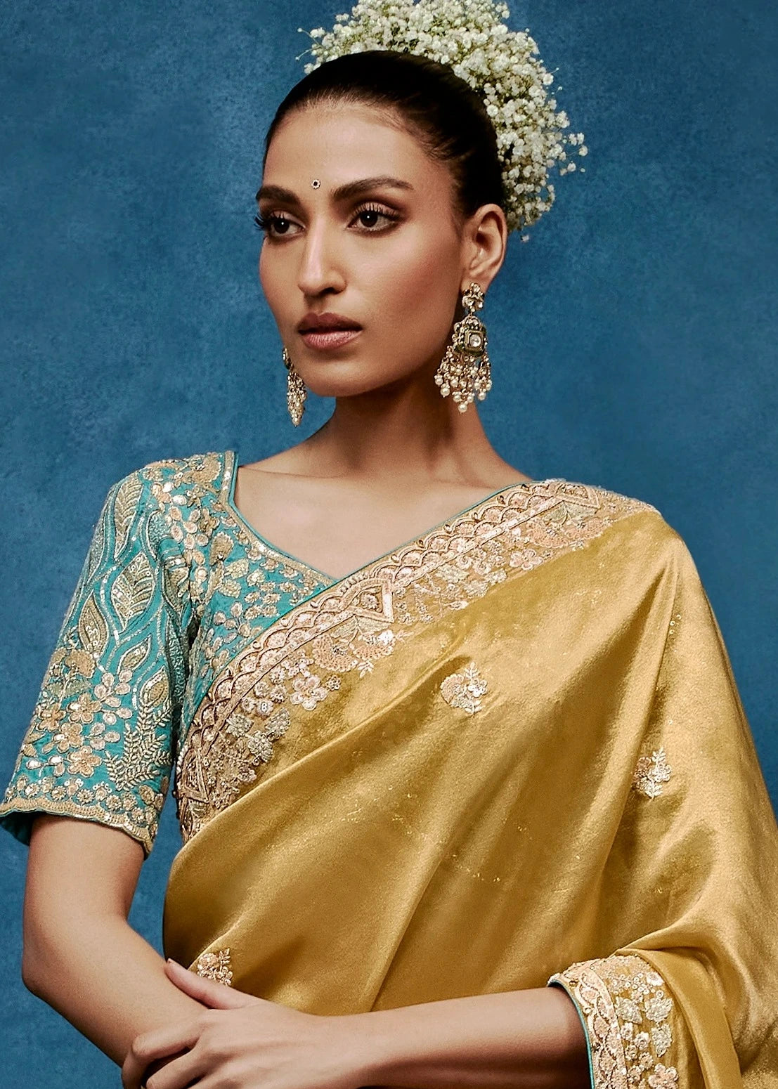 Designer Gold Organza Tissue Silk Embroidered Saree With Blue Blouse