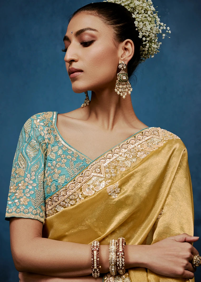Designer Gold Organza Tissue Silk Embroidered Saree With Blue Blouse