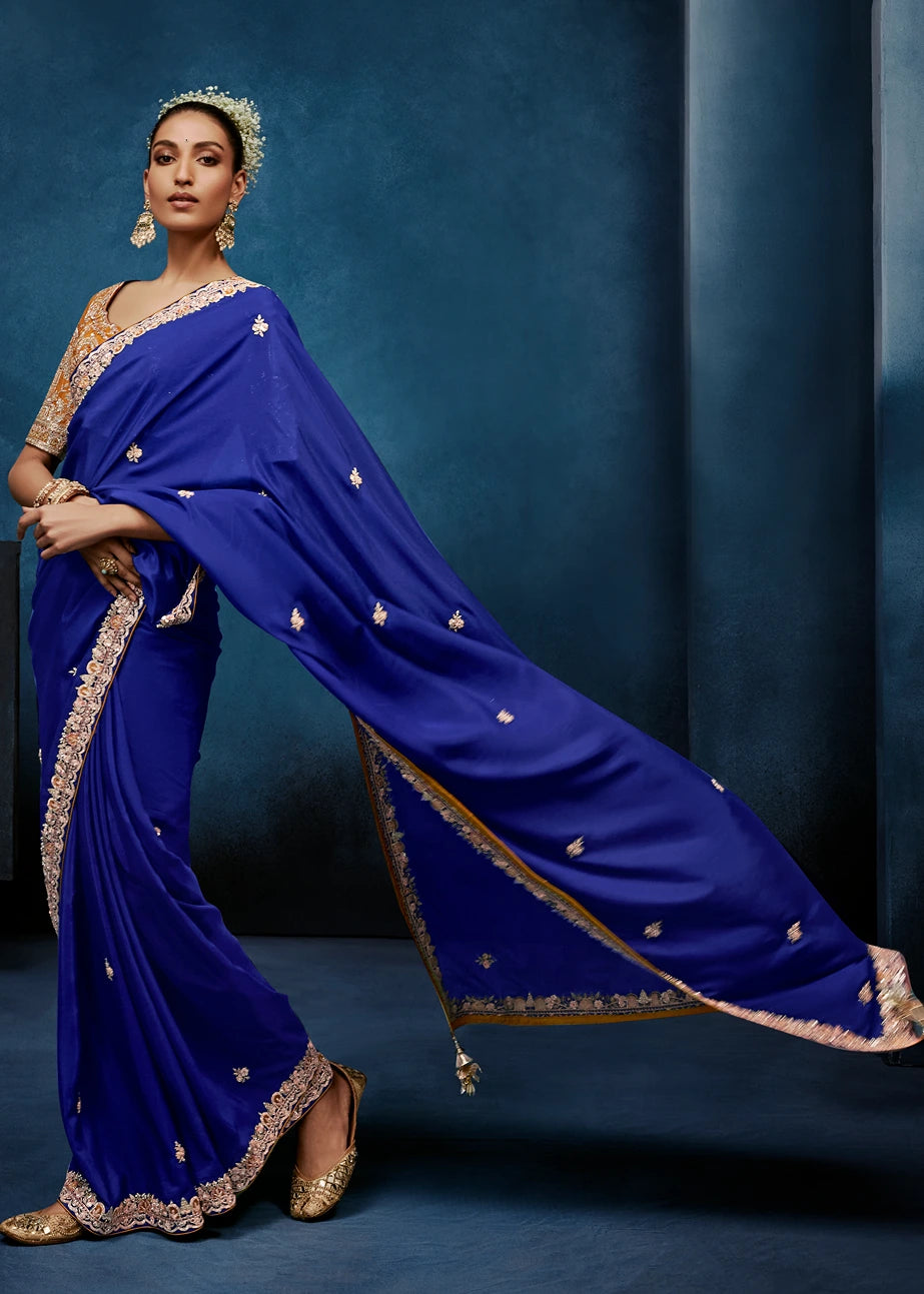 Designer Royal Blue Organza Tissue Silk Embroidered Saree With Saffron Orange Blouse