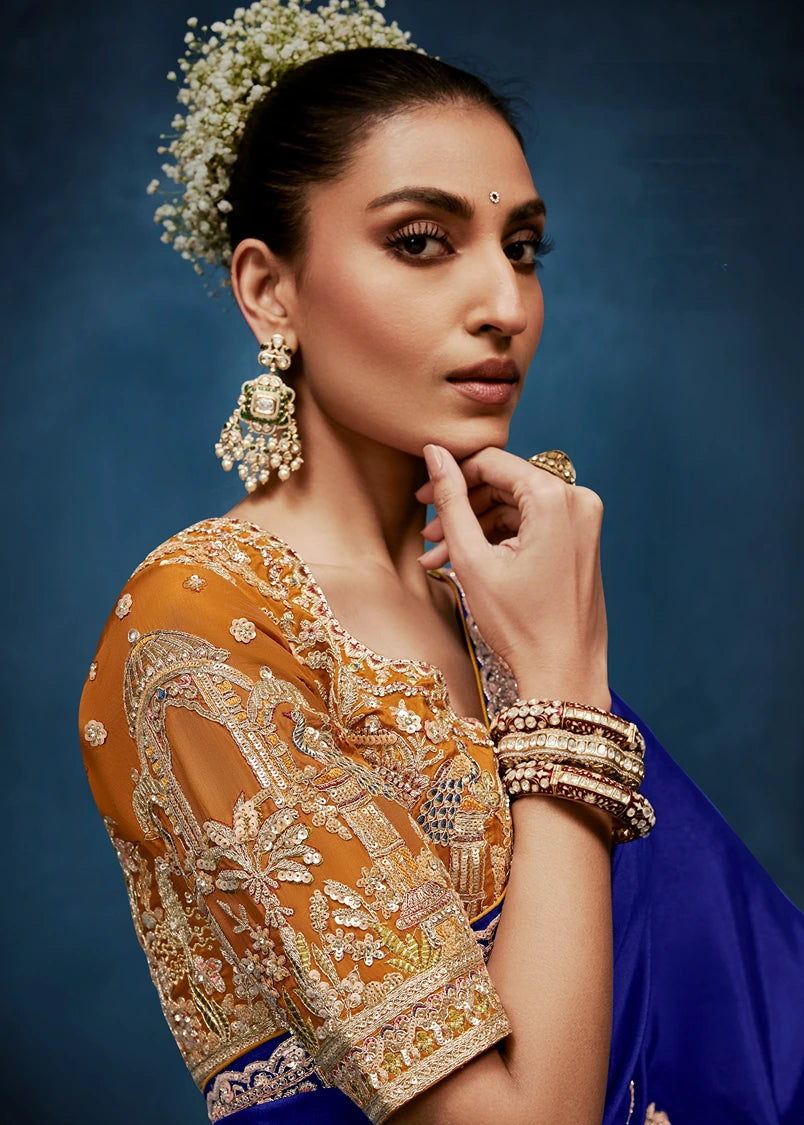 Designer Royal Blue Organza Tissue Silk Embroidered Saree With Saffron Orange Blouse