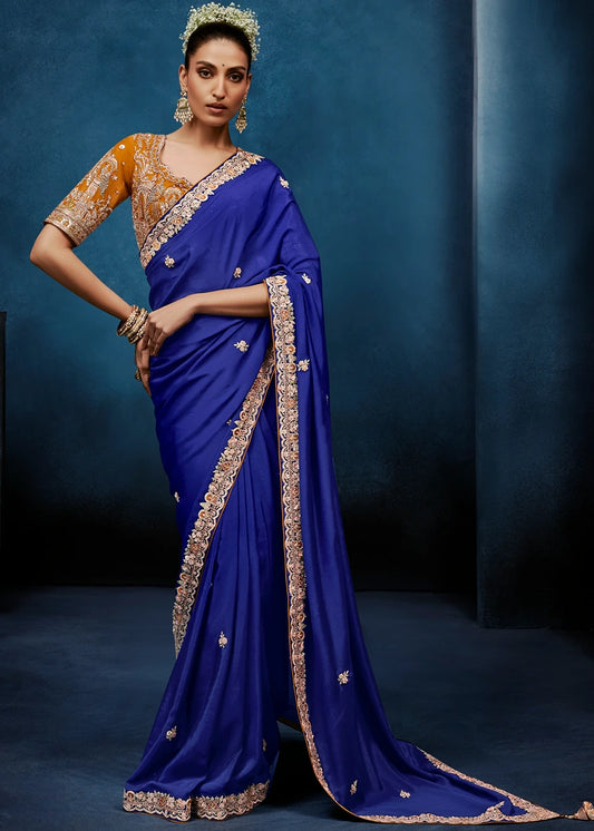 Designer Royal Blue Organza Tissue Silk Embroidered Saree With Saffron Orange Blouse
