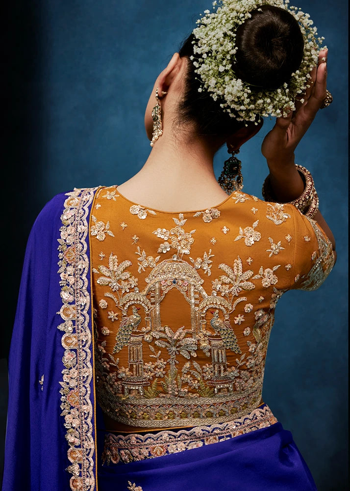 Designer Royal Blue Organza Tissue Silk Embroidered Saree With Saffron Orange Blouse