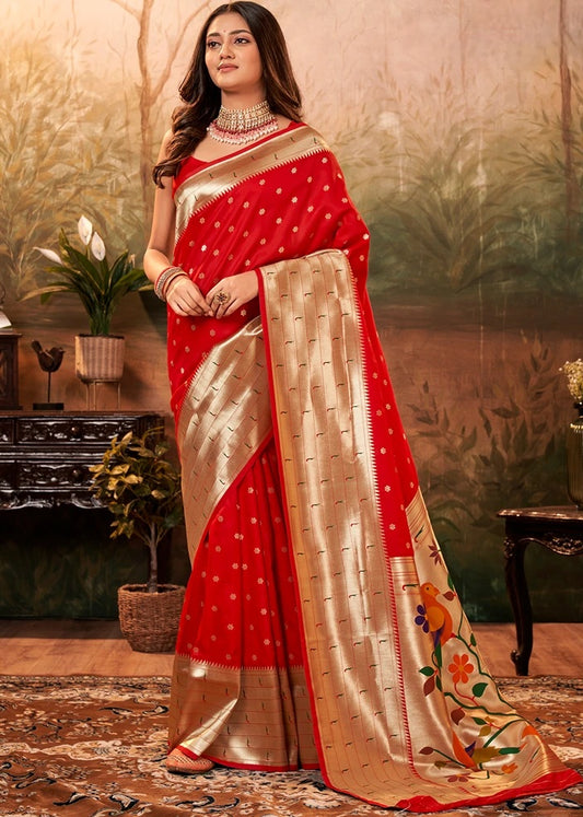 Scarlet Red Pure Paithani Silk Handloom Saree