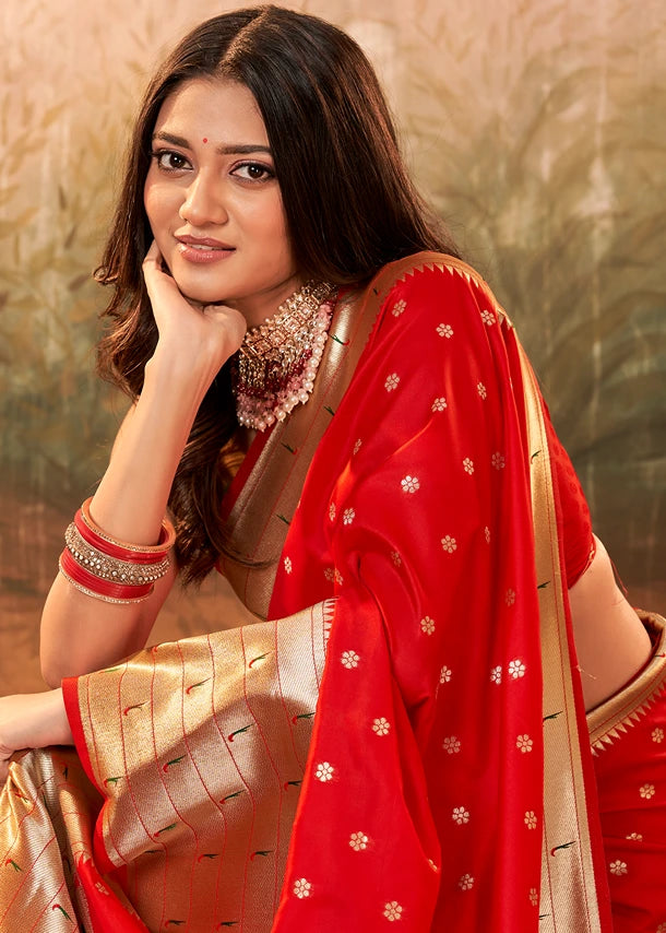 Scarlet Red Pure Paithani Silk Handloom Saree