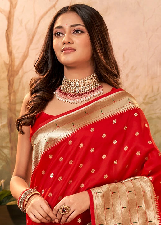 Scarlet Red Pure Paithani Silk Handloom Saree