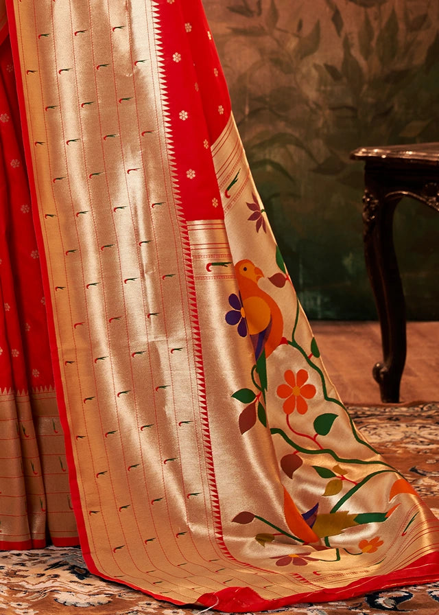 Scarlet Red Pure Paithani Silk Handloom Saree