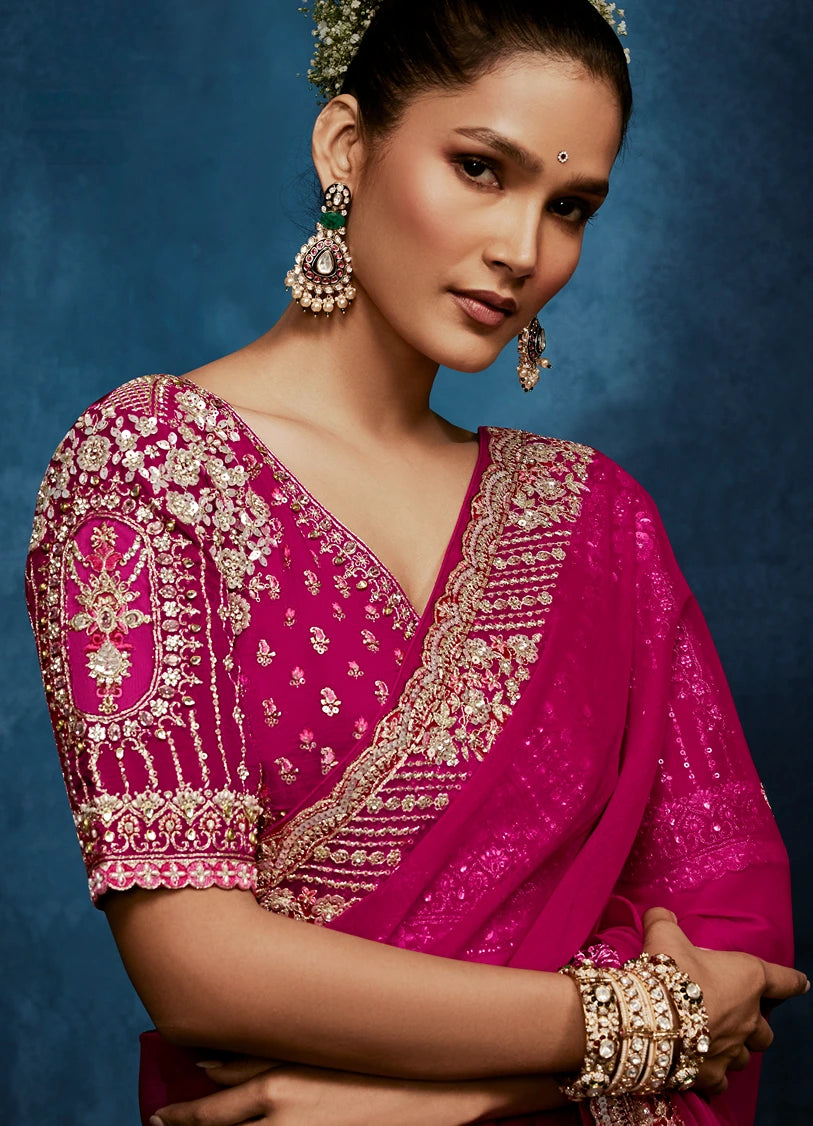 Designer Rani Pink Organza Tissue Silk Embroidered Saree