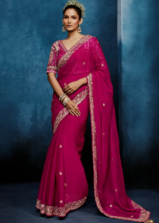 Designer Rani Pink Organza Tissue Silk Embroidered Saree