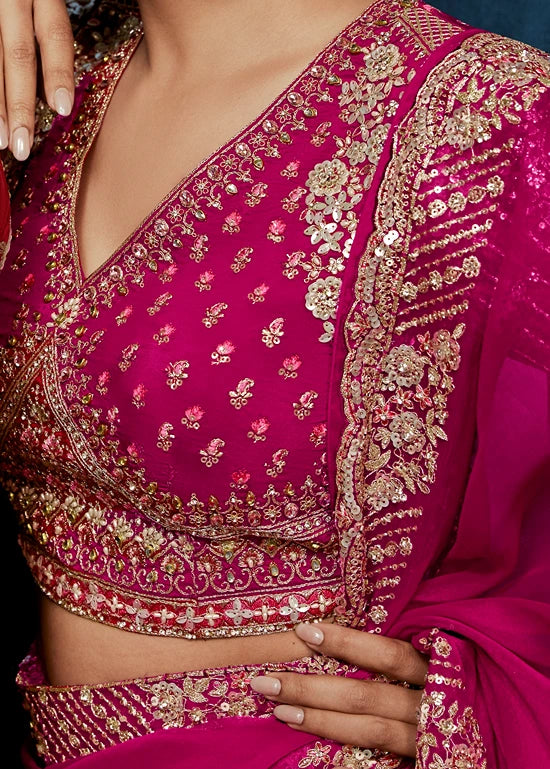 Designer Rani Pink Organza Tissue Silk Embroidered Saree