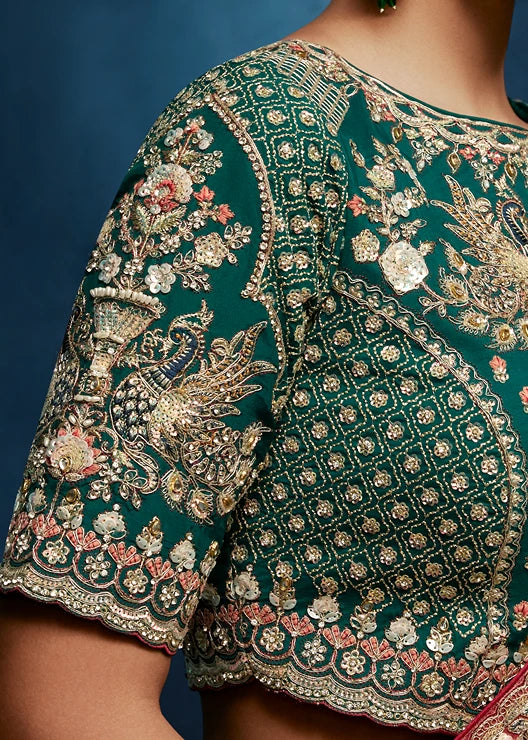 Designer Rust Orange Organza Tissue Silk Embroidered Saree with Green Blouse