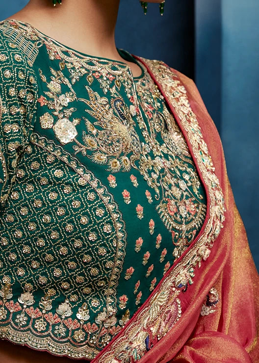 Designer Rust Orange Organza Tissue Silk Embroidered Saree with Green Blouse