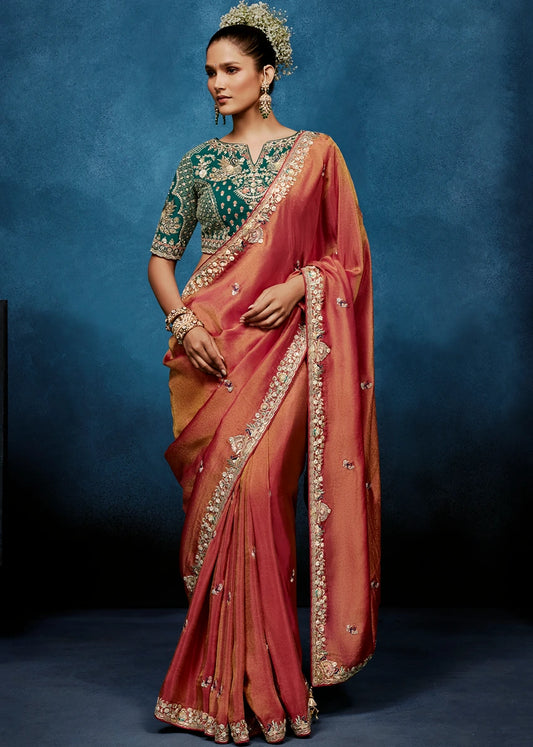 Designer Rust Orange Organza Tissue Silk Embroidered Saree with Green Blouse