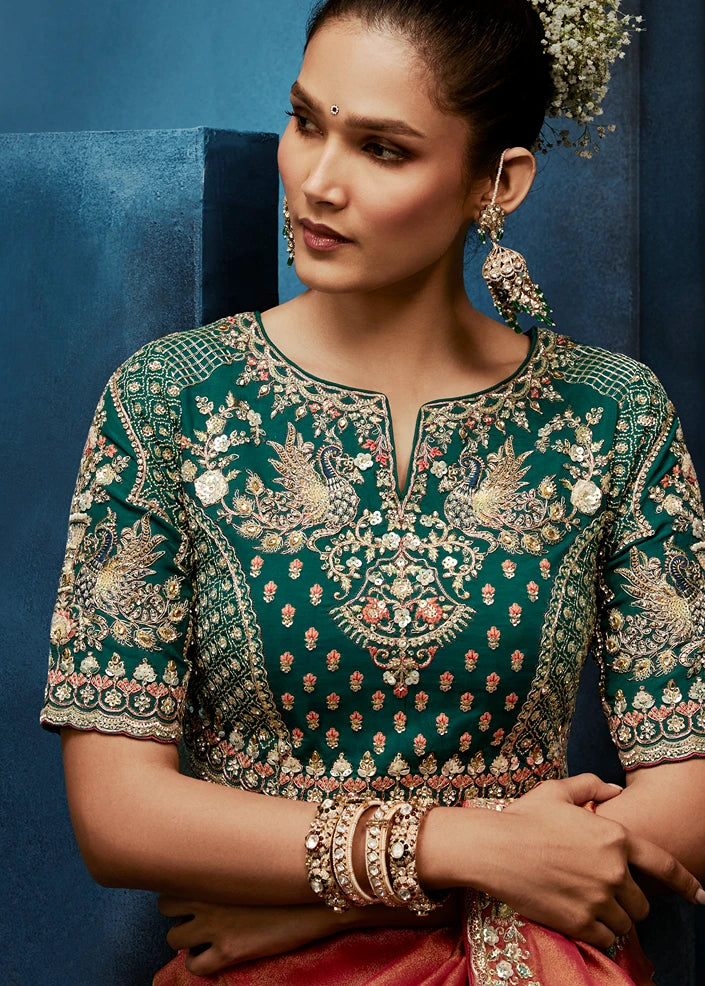 Designer Rust Orange Organza Tissue Silk Embroidered Saree with Green Blouse