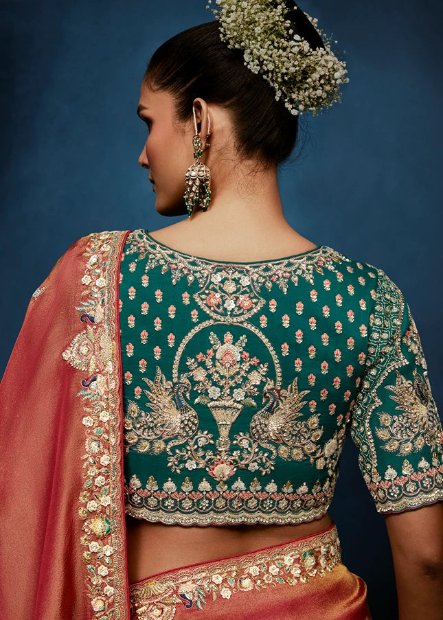 Designer Rust Orange Organza Tissue Silk Embroidered Saree with Green Blouse