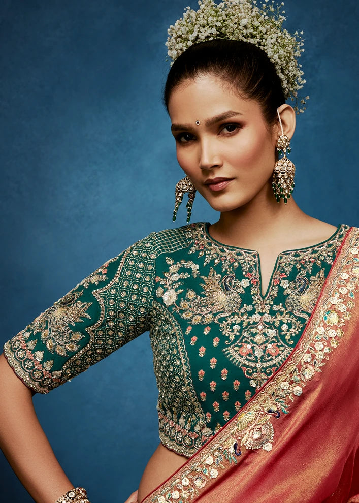 Designer Rust Orange Organza Tissue Silk Embroidered Saree with Green Blouse