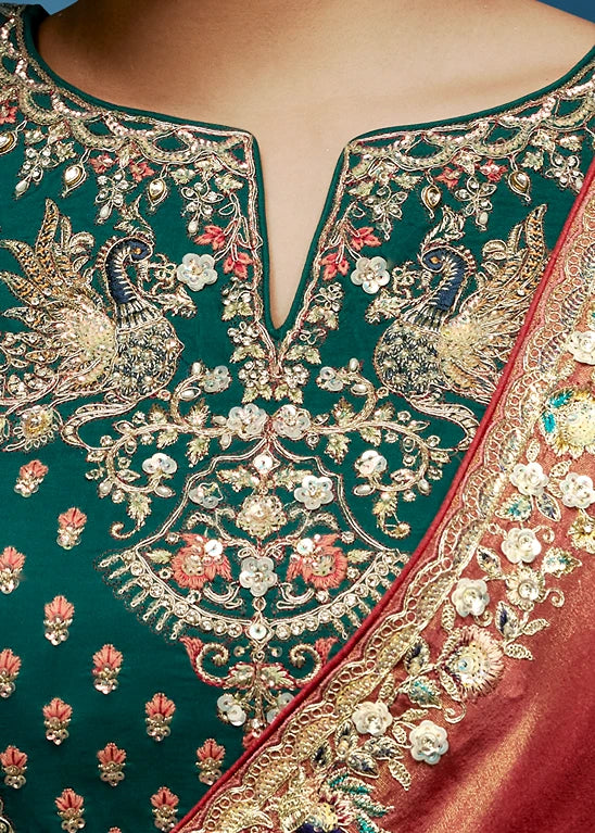 Designer Rust Orange Organza Tissue Silk Embroidered Saree with Green Blouse