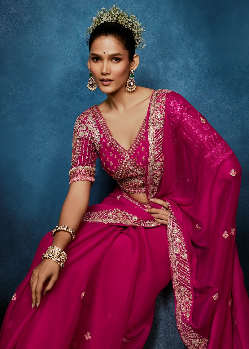 Designer Rani Pink Organza Tissue Silk Embroidered Saree