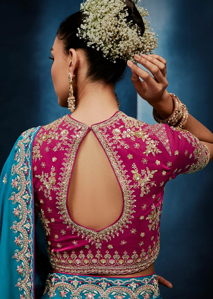 Designer Turquoise Blue Organza Tissue Silk Embroidered Saree with Rani Pink Blouse