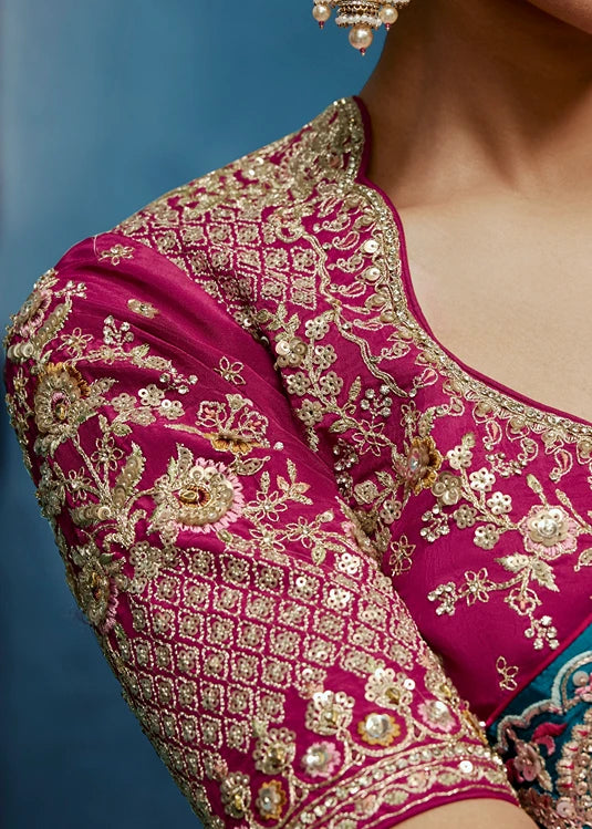 Designer Turquoise Blue Organza Tissue Silk Embroidered Saree with Rani Pink Blouse