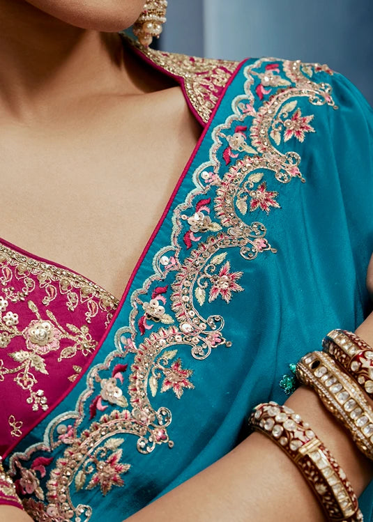 Designer Turquoise Blue Organza Tissue Silk Embroidered Saree with Rani Pink Blouse
