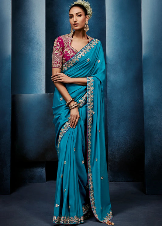 Designer Turquoise Blue Organza Tissue Silk Embroidered Saree with Rani Pink Blouse