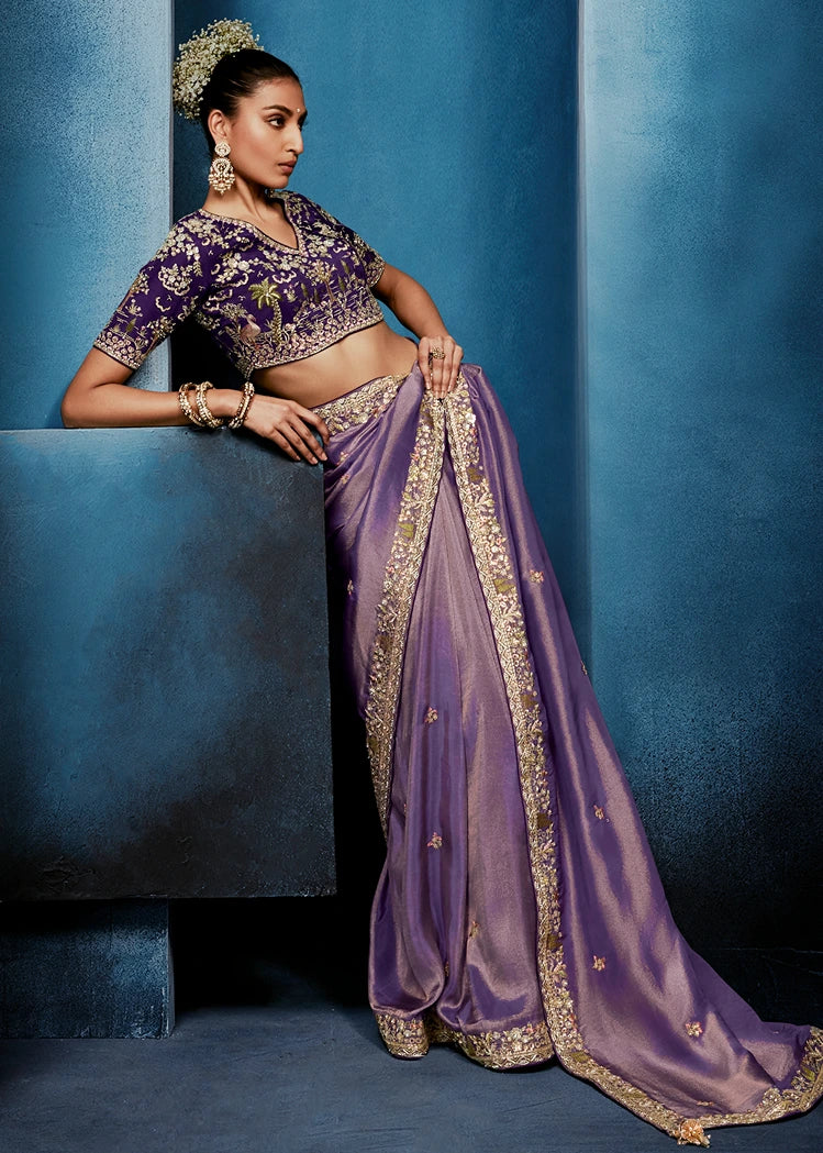 Designer Lavender Purple Organza Tissue Silk Embroidered Saree with Violet Blouse
