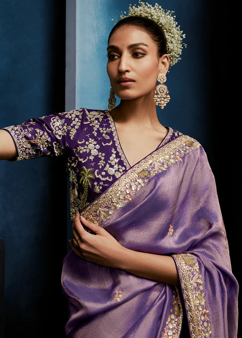 Designer Lavender Purple Organza Tissue Silk Embroidered Saree with Violet Blouse