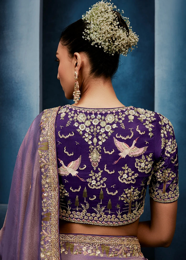 Designer Lavender Purple Organza Tissue Silk Embroidered Saree with Violet Blouse