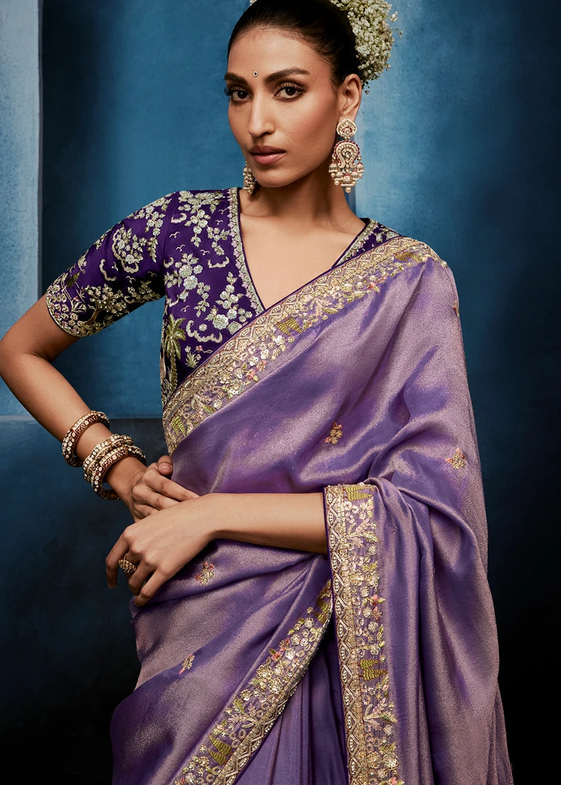 Designer Lavender Purple Organza Tissue Silk Embroidered Saree with Violet Blouse