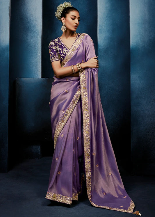 Designer Lavender Purple Organza Tissue Silk Embroidered Saree with Violet Blouse