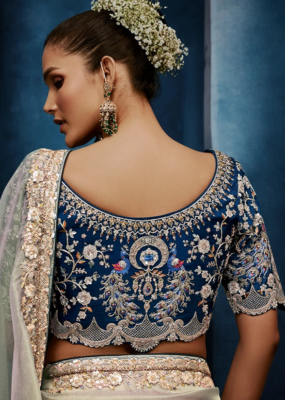 Designer Powder Blue Organza Tissue Silk Embroidered Saree with Navy Blue Blouse