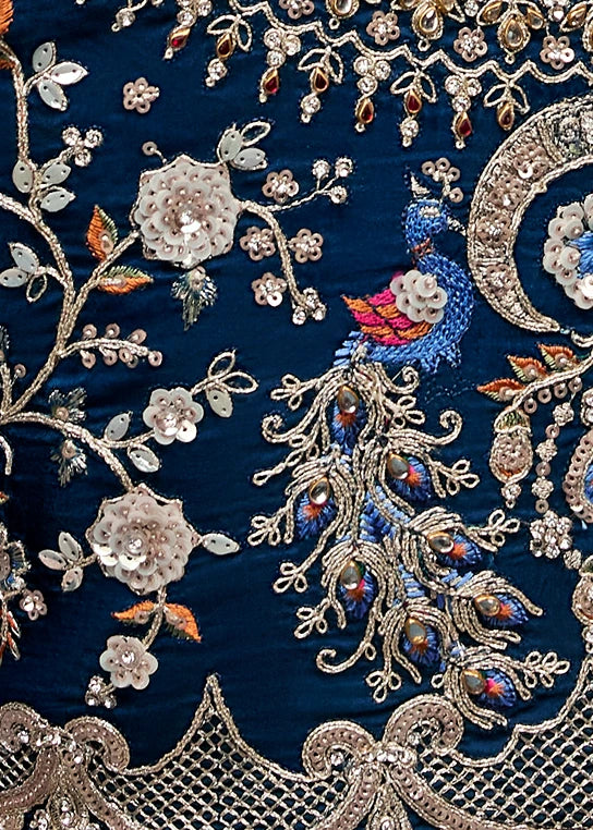 Designer Powder Blue Organza Tissue Silk Embroidered Saree with Navy Blue Blouse