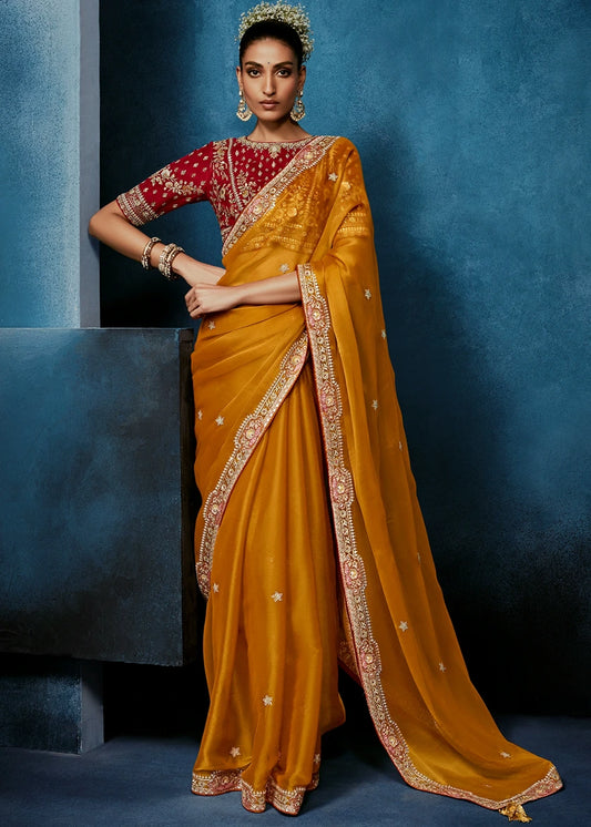 Designer Haldi Yellow Organza Tissue Silk Embroidered Saree with Red Blouse