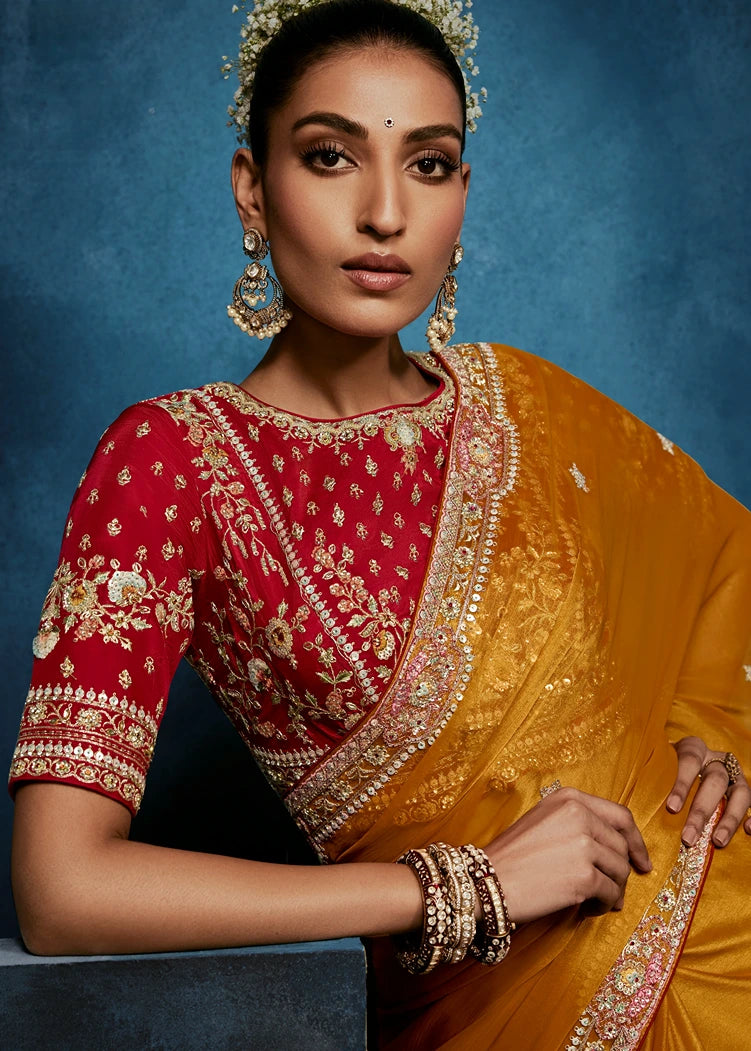 Designer Haldi Yellow Organza Tissue Silk Embroidered Saree with Red Blouse