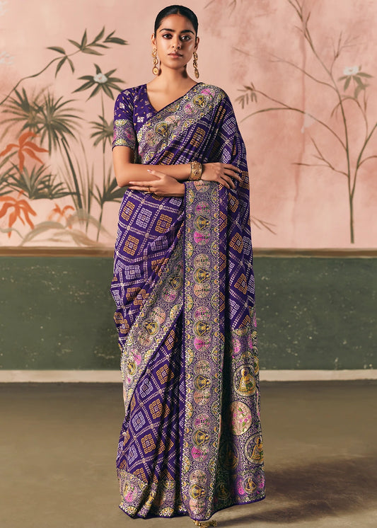 Pure Khaddi Georgette Indigo Purple Bridal Bandhani Saree