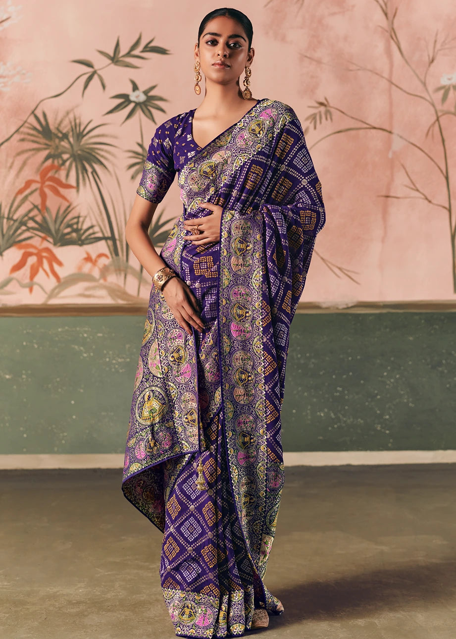Pure Khaddi Georgette Indigo Purple Bridal Bandhani Saree