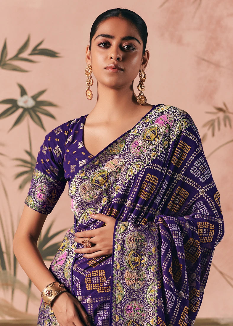 Pure Khaddi Georgette Indigo Purple Bridal Bandhani Saree