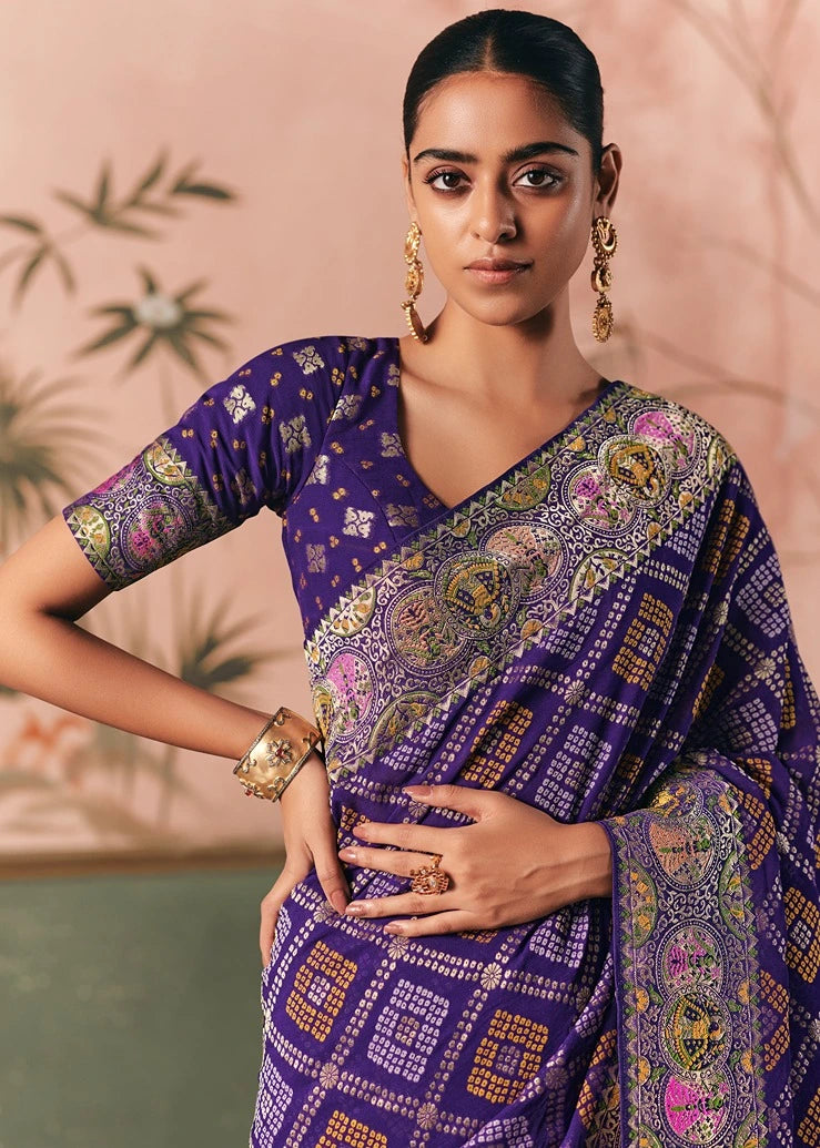Pure Khaddi Georgette Indigo Purple Bridal Bandhani Saree