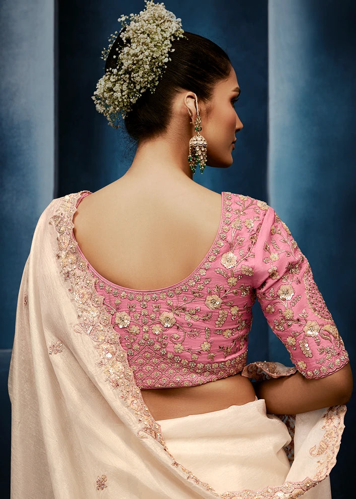 Designer Off White Organza Tissue Silk Embroidered Saree with Pastel Pink Blouse