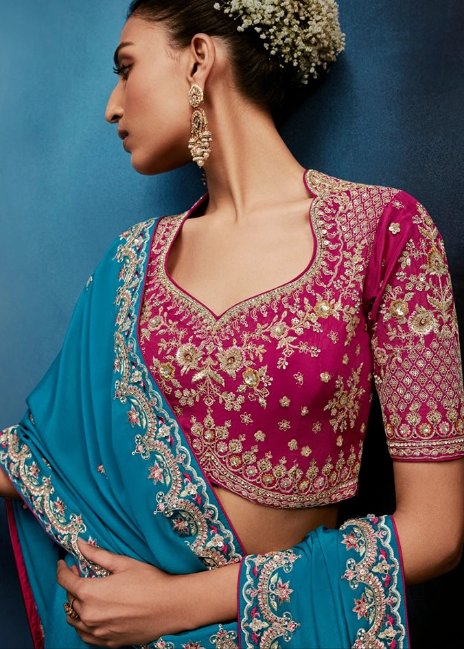 Designer Turquoise Blue Organza Tissue Silk Embroidered Saree with Rani Pink Blouse