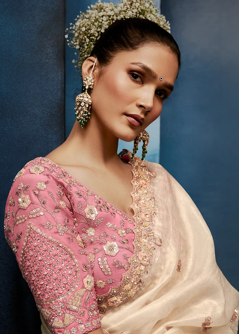Designer Off White Organza Tissue Silk Embroidered Saree with Pastel Pink Blouse