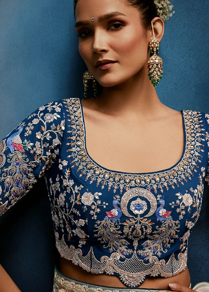 Designer Powder Blue Organza Tissue Silk Embroidered Saree with Navy Blue Blouse