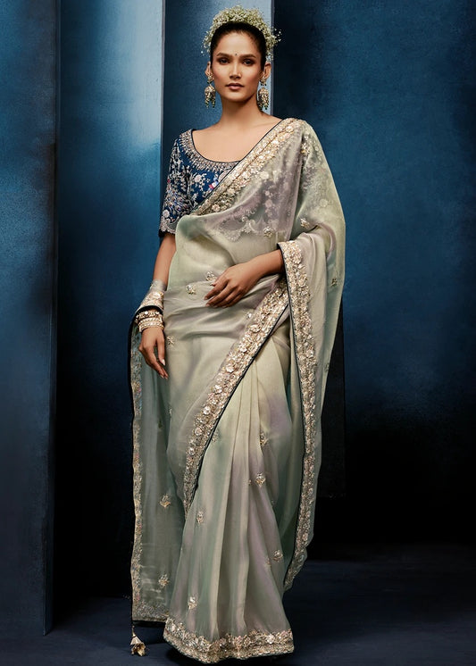 Designer Powder Blue Organza Tissue Silk Embroidered Saree with Navy Blue Blouse