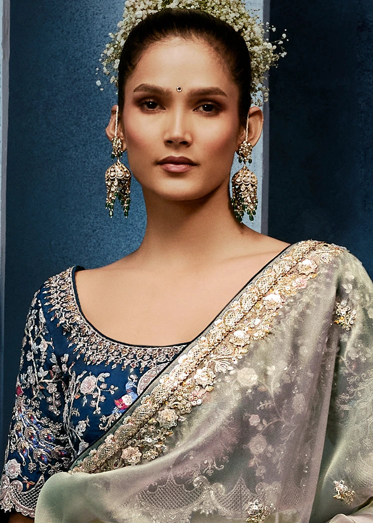 Designer Powder Blue Organza Tissue Silk Embroidered Saree with Navy Blue Blouse