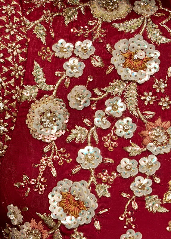 Designer Golden Beige Organza Tissue Silk Embroidered Saree with Red Blouse