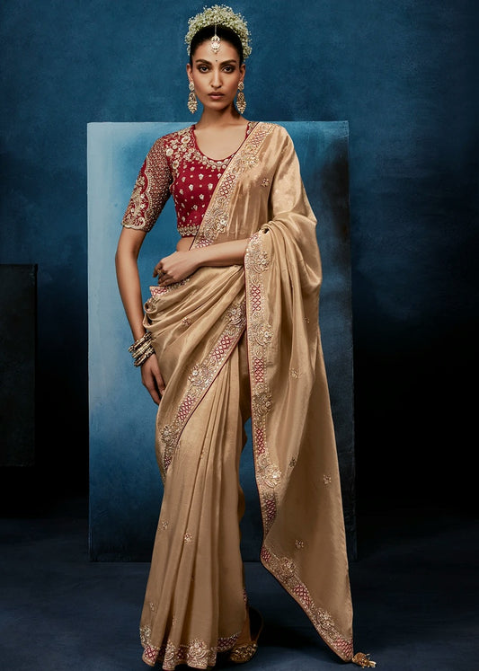 Designer Golden Beige Organza Tissue Silk Embroidered Saree with Red Blouse