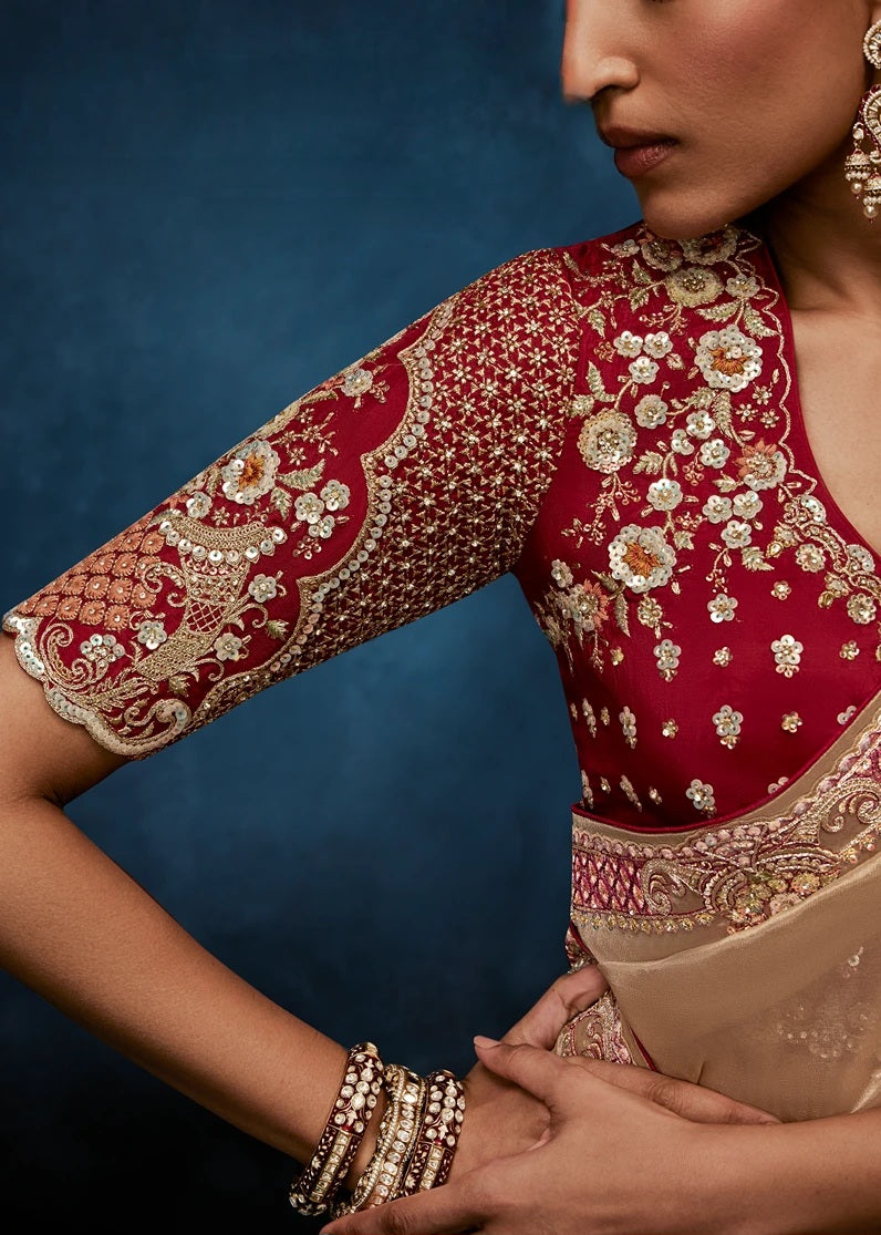 Designer Golden Beige Organza Tissue Silk Embroidered Saree with Red Blouse
