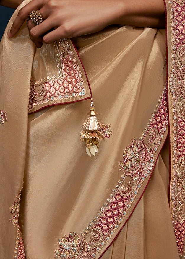 Designer Golden Beige Organza Tissue Silk Embroidered Saree with Red Blouse
