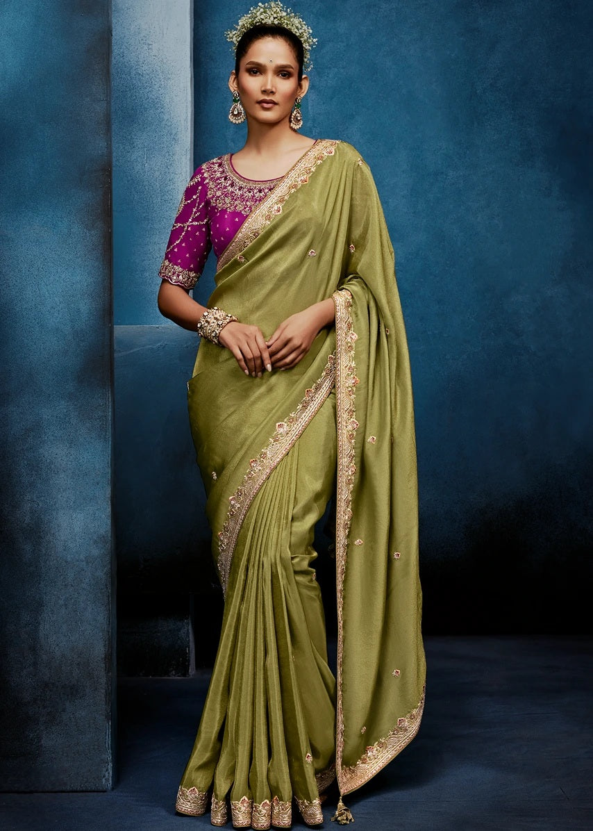 Designer Mehendi Green Organza Tissue Silk Embroidered Saree with Magenta Pink Blouse